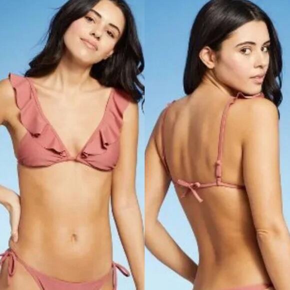 NEW TARGET XHILERATION Blush Pink Plunge Triangle Ruffle Tie Bikini Swim Top XL - Picture 11 of 11